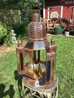 Vintage hanging candle holder lantern chandelier with Stained Glass Gothic