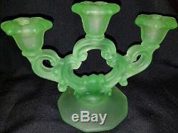 Vintage pr. Of satin vaseline/uranium green glass candleholders Glows