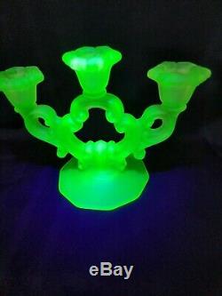 Vintage pr. Of satin vaseline/uranium green glass candleholders Glows