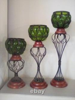 Vintage3pc. MCM Caged Emerald Green Glass Round Candle Holders With Wood Base