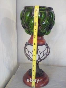 Vintage3pc. MCM Caged Emerald Green Glass Round Candle Holders With Wood Base