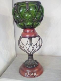 Vintage3pc. MCM Caged Emerald Green Glass Round Candle Holders With Wood Base