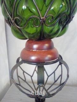 Vintage3pc. MCM Caged Emerald Green Glass Round Candle Holders With Wood Base