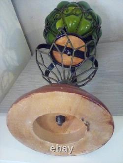 Vintage3pc. MCM Caged Emerald Green Glass Round Candle Holders With Wood Base