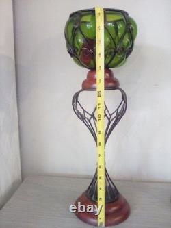 Vintage3pc. MCM Caged Emerald Green Glass Round Candle Holders With Wood Base