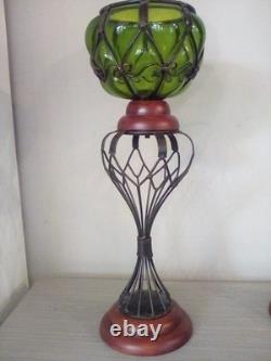 Vintage3pc. MCM Caged Emerald Green Glass Round Candle Holders With Wood Base