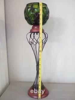 Vintage3pc. MCM Caged Emerald Green Glass Round Candle Holders With Wood Base