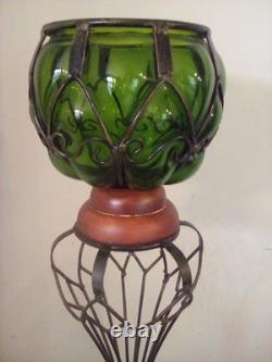 Vintage3pc. MCM Caged Emerald Green Glass Round Candle Holders With Wood Base