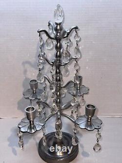 Vtg Aluminum Candelabra Candle Holder 24 Teardrop Crystal Prisms Centerpiece