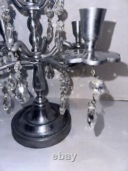 Vtg Aluminum Candelabra Candle Holder 24 Teardrop Crystal Prisms Centerpiece