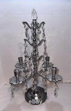 Vtg Aluminum Candelabra Candle Holder 24 Teardrop Crystal Prisms Centerpiece