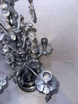 Vtg Aluminum Candelabra Candle Holder 24 Teardrop Crystal Prisms Centerpiece