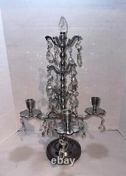 Vtg Aluminum Candelabra Candle Holder 24 Teardrop Crystal Prisms Centerpiece