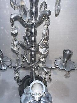 Vtg Aluminum Candelabra Candle Holder 24 Teardrop Crystal Prisms Centerpiece