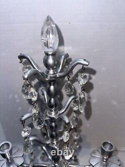 Vtg Aluminum Candelabra Candle Holder 24 Teardrop Crystal Prisms Centerpiece