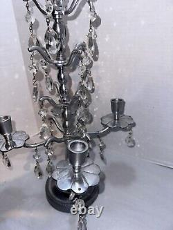 Vtg Aluminum Candelabra Candle Holder 24 Teardrop Crystal Prisms Centerpiece