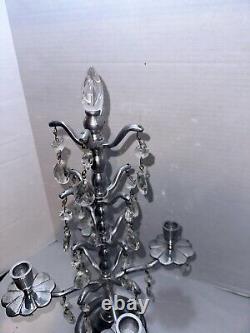 Vtg Aluminum Candelabra Candle Holder 24 Teardrop Crystal Prisms Centerpiece