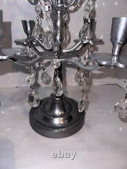 Vtg Aluminum Candelabra Candle Holder 24 Teardrop Crystal Prisms Centerpiece