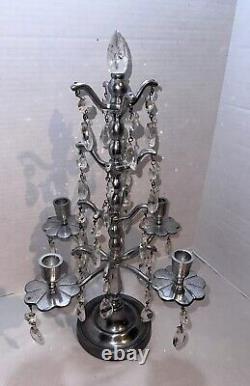 Vtg Aluminum Candelabra Candle Holder 24 Teardrop Crystal Prisms Centerpiece