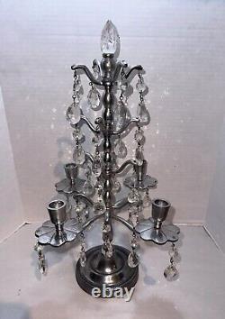 Vtg Aluminum Candelabra Candle Holder 24 Teardrop Crystal Prisms Centerpiece