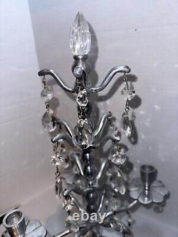 Vtg Aluminum Candelabra Candle Holder 24 Teardrop Crystal Prisms Centerpiece