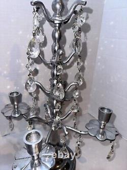 Vtg Aluminum Candelabra Candle Holder 24 Teardrop Crystal Prisms Centerpiece