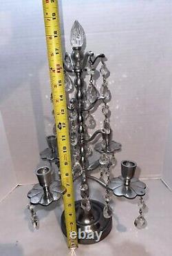 Vtg Aluminum Candelabra Candle Holder 24 Teardrop Crystal Prisms Centerpiece