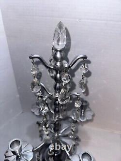 Vtg Aluminum Candelabra Candle Holder 24 Teardrop Crystal Prisms Centerpiece