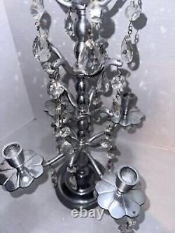 Vtg Aluminum Candelabra Candle Holder 24 Teardrop Crystal Prisms Centerpiece