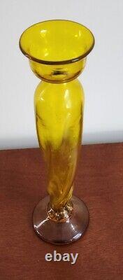 Vtg Blenko MCM Handmade Freeform YellowithJonquil Glass 13.75 Tall Candle Holder