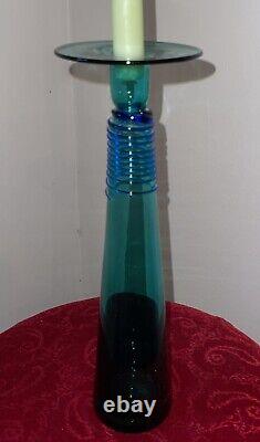 Vtg Blown Glass Green Candle Holder 13 Blue Spiral Applied Design Tapered FAB