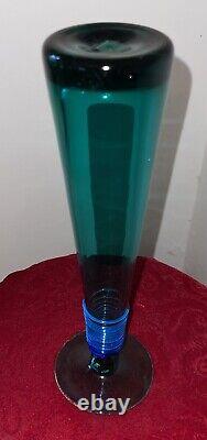 Vtg Blown Glass Green Candle Holder 13 Blue Spiral Applied Design Tapered FAB