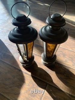Vtg Brass Etched Glass Candle Holder Lanterns Pair Of 2 Amber Glass 1970's