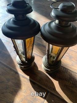 Vtg Brass Etched Glass Candle Holder Lanterns Pair Of 2 Amber Glass 1970's