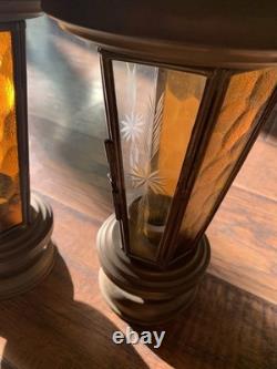 Vtg Brass Etched Glass Candle Holder Lanterns Pair Of 2 Amber Glass 1970's