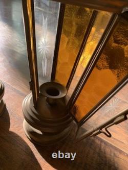 Vtg Brass Etched Glass Candle Holder Lanterns Pair Of 2 Amber Glass 1970's