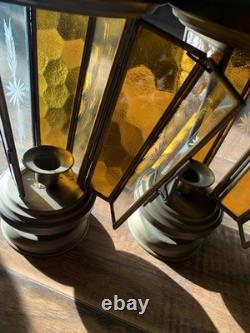 Vtg Brass Etched Glass Candle Holder Lanterns Pair Of 2 Amber Glass 1970's