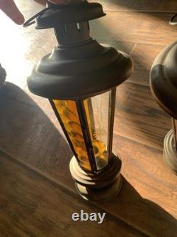 Vtg Brass Etched Glass Candle Holder Lanterns Pair Of 2 Amber Glass 1970's