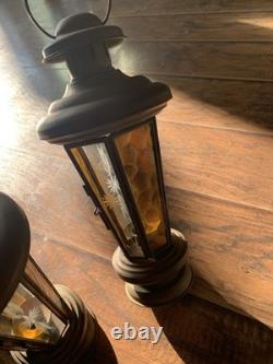 Vtg Brass Etched Glass Candle Holder Lanterns Pair Of 2 Amber Glass 1970's