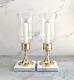 Vtg Brass & Silver Tone Photophores Candlestick Glass Hurricanes With Marble Base