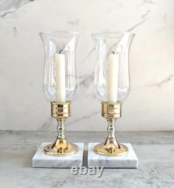 Vtg Brass & Silver Tone Photophores Candlestick Glass Hurricanes with Marble Base