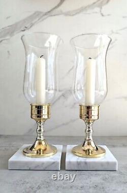 Vtg Brass & Silver Tone Photophores Candlestick Glass Hurricanes with Marble Base