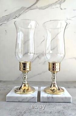 Vtg Brass & Silver Tone Photophores Candlestick Glass Hurricanes with Marble Base