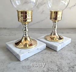 Vtg Brass & Silver Tone Photophores Candlestick Glass Hurricanes with Marble Base