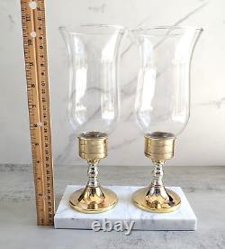 Vtg Brass & Silver Tone Photophores Candlestick Glass Hurricanes with Marble Base