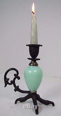 Vtg Chickens Claw Foot Chamberstick Figural Candlestick Cast Iron Green Glass