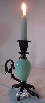 Vtg Chickens Claw Foot Chamberstick Figural Candlestick Cast Iron Green Glass