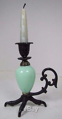 Vtg Chickens Claw Foot Chamberstick Figural Candlestick Cast Iron Green Glass