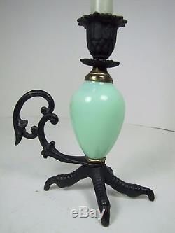 Vtg Chickens Claw Foot Chamberstick Figural Candlestick Cast Iron Green Glass