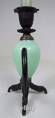 Vtg Chickens Claw Foot Chamberstick Figural Candlestick Cast Iron Green Glass